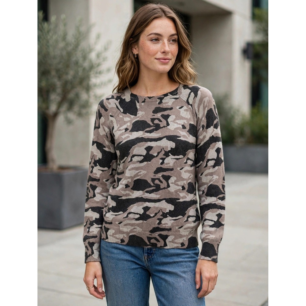 Monrow Camo Crewneck Sweater Small Taupe Black Lambswool Cashmere Blend Raglan